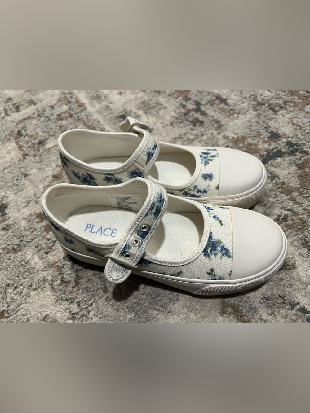 The Children's Place Cream Canvas Mary Jane Sneakers with Blue Floral Print; 1